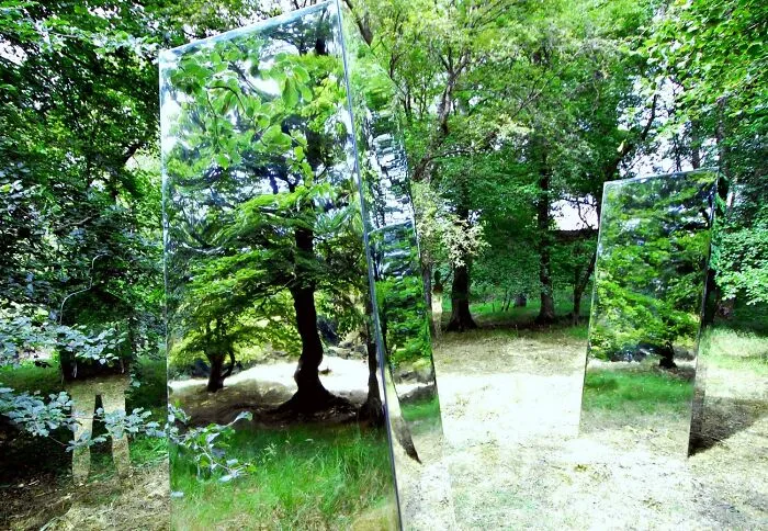 Reflective sculptures blending with green forest surroundings