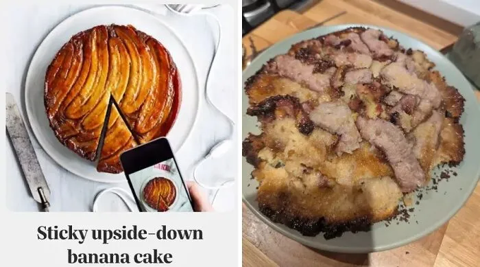 Upside-down banana cake attempt looks burnt and ruined