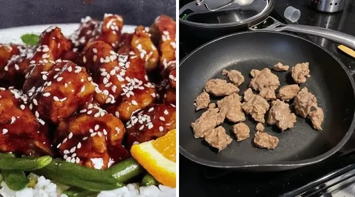 Delicious cooked food with sesame seeds on green beans and rice