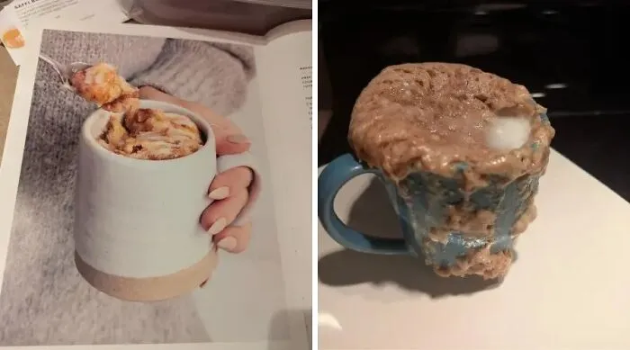 Recipe mug dessert versus overflown mug cake cooking disaster