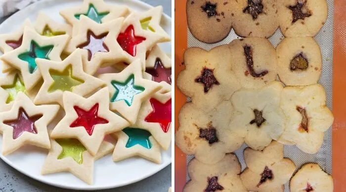 Colorful stained glass star cookies versus burnt and misshapen star cookies cooking fail