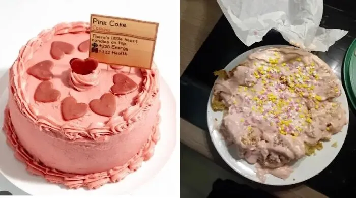 Neat pink cake with heart decorations versus messy failed pink cake cooking attempt