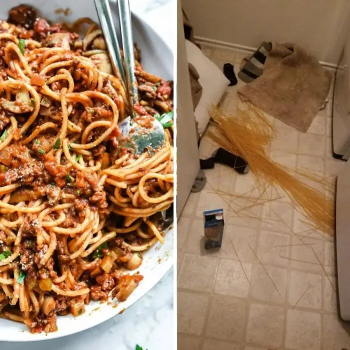 Well-cooked spaghetti bolognese versus spilled dry spaghetti mess in kitchen