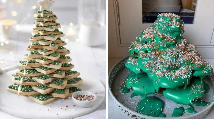 Perfectly stacked Christmas tree cookie with green icing and sprinkles
