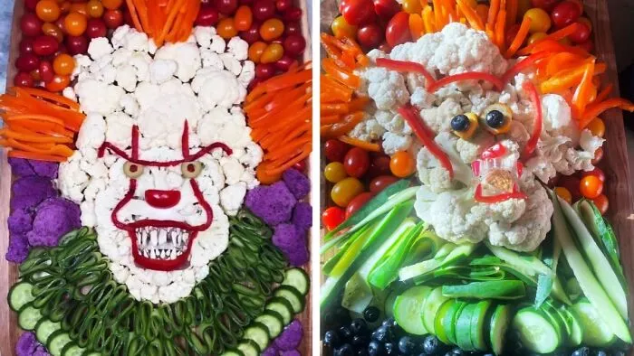 Vegetable platter attempt mimicking scary face with cauliflower and peppers