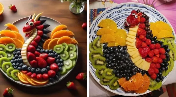 Intricate fruit platter shaped like a dragon vs uneven fruit dragon platter on plates
