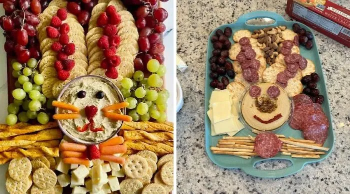 Creative rabbit snack platter with crackers and fruits vs failed reindeer snack tray