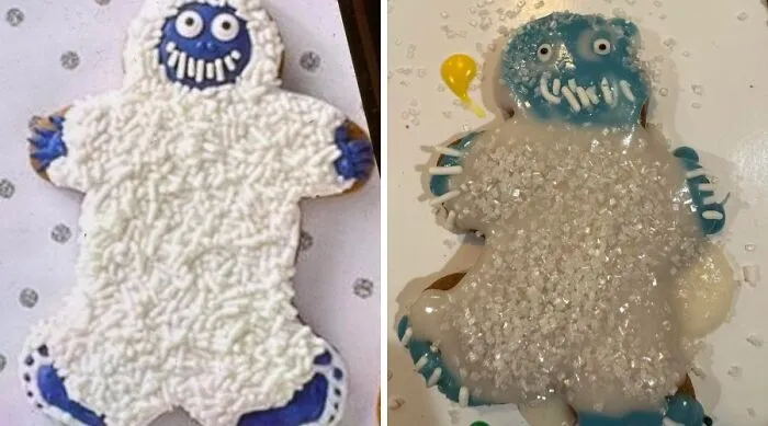 Frosted yeti cookie with sprinkles versus messy yeti cookie with sugar crystals