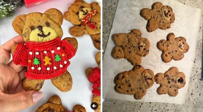 Decorative teddy bear cookies vs poorly baked teddy bear cookies on parchment