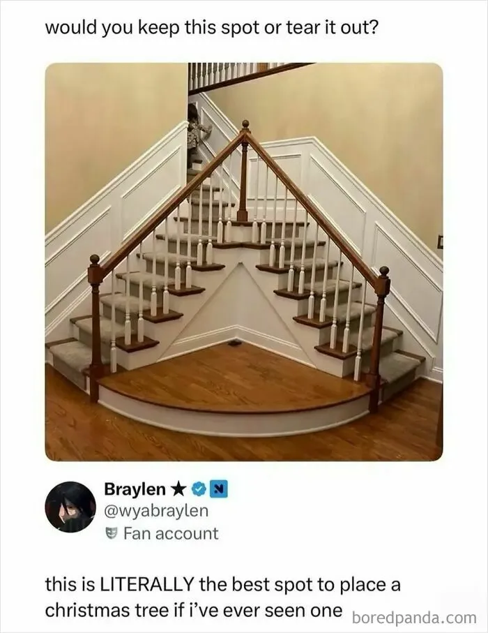 Staircase with a triangle spot at the bottom perfect for placing a Christmas tree