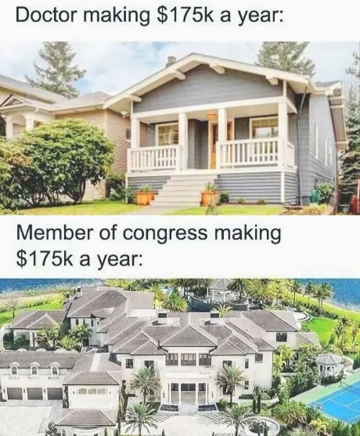 Meme comparing homes of doctor and congress member earning $175k