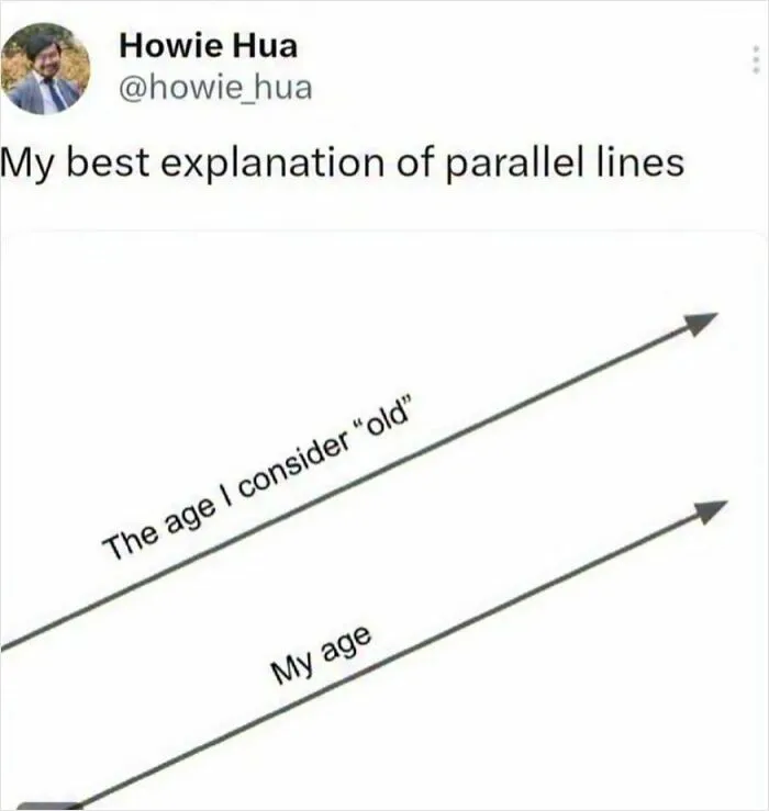 Meme explaining parallel lines with difference between my age and age considered old in relatable memes