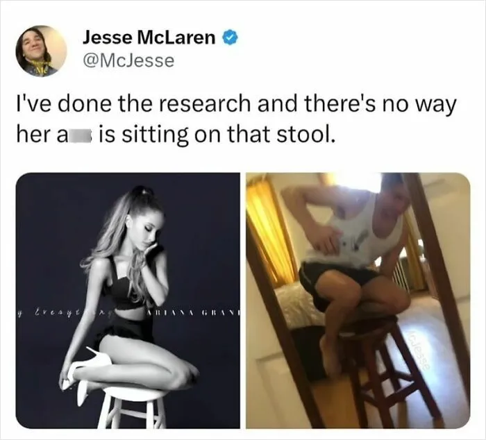 Tweet meme comparing Ariana Grande on stool to man humorously attempting to sit on small stool
