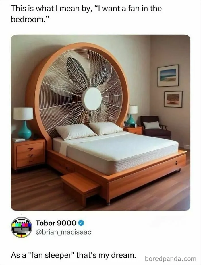 Bedroom with fan-shaped headboard bed illustrating fan in the bedroom meme