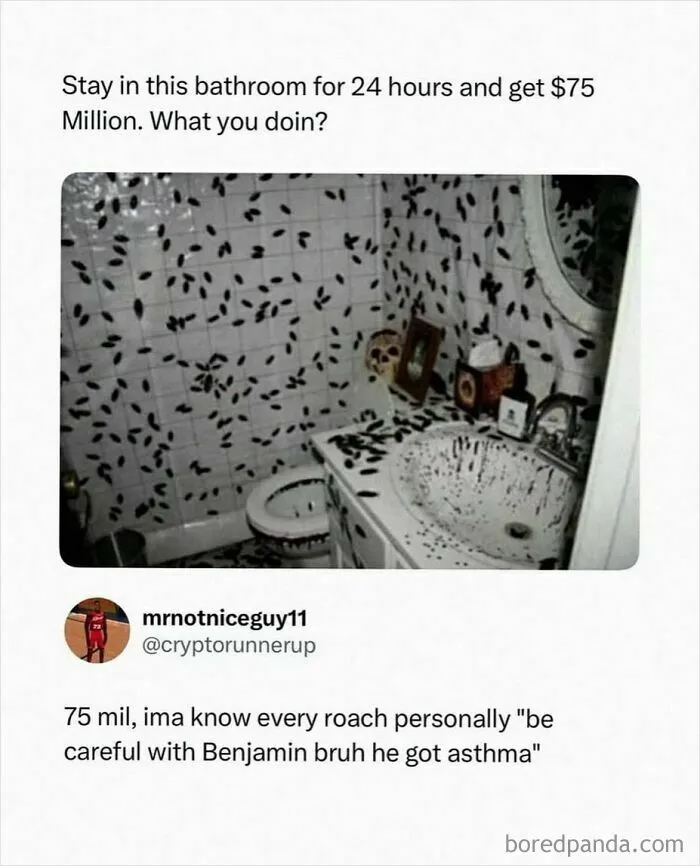 Bathroom with patterned tiles and fixtures filled with cockroach drawings and stains