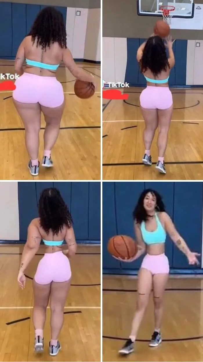 Four panels of a woman on a basketball court illustrating Instagram reality with edited body shapes.