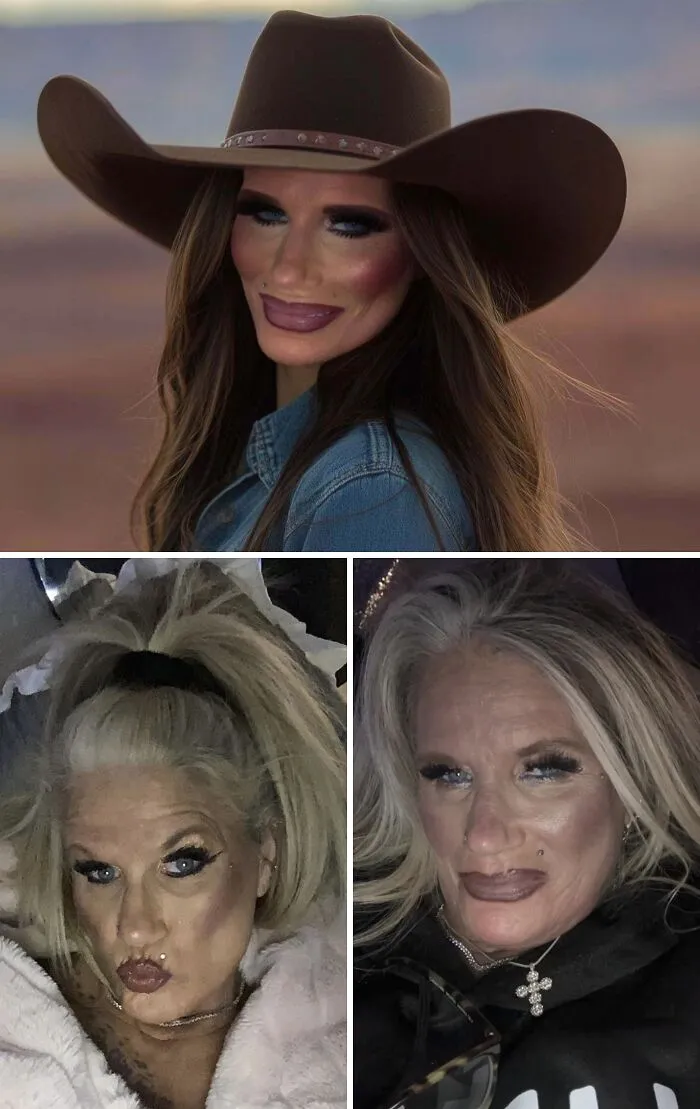 A collage showing a woman in a cowboy hat versus her natural self, highlighting Instagram Reality edited photos.