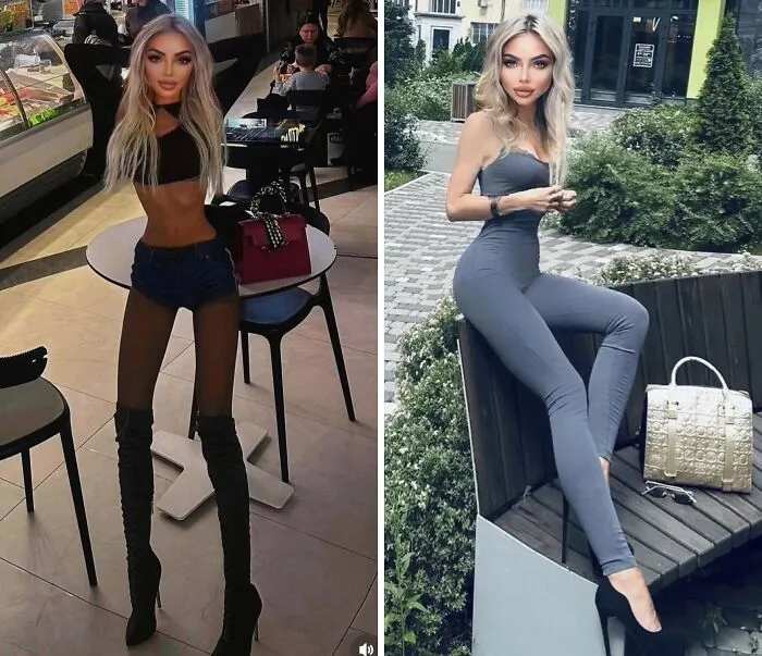 Instagram Reality side-by-side of a woman showing extreme body and face editing on social media versus reality