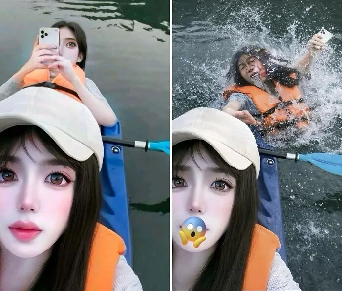 Side-by-side photos of women in a kayak, showcasing a heavily edited picture versus a chaotic Instagram Reality moment.