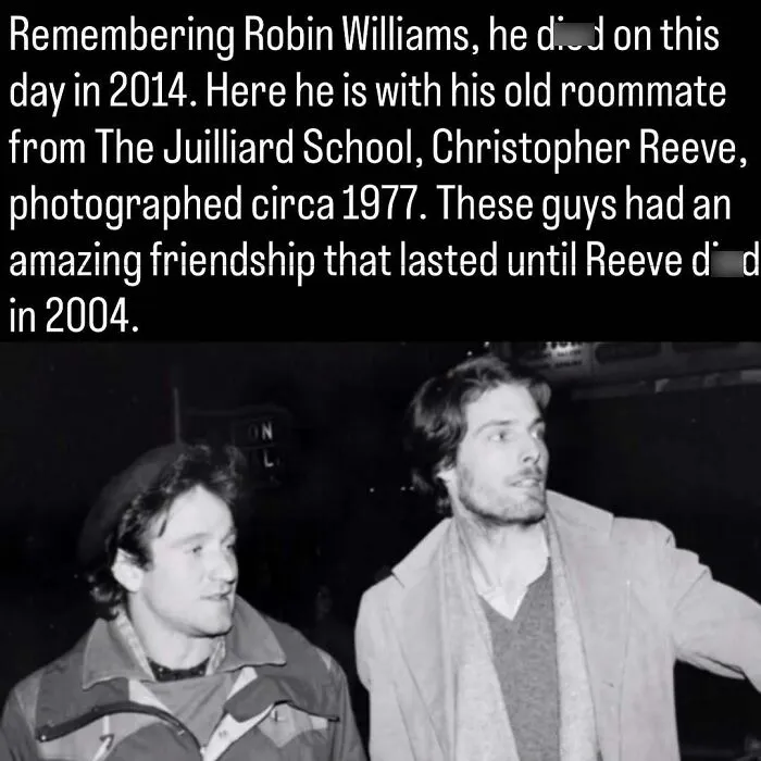Black and white photo of young Robin Williams and Christopher Reeve in 1977, a remarkable photo of the past.
