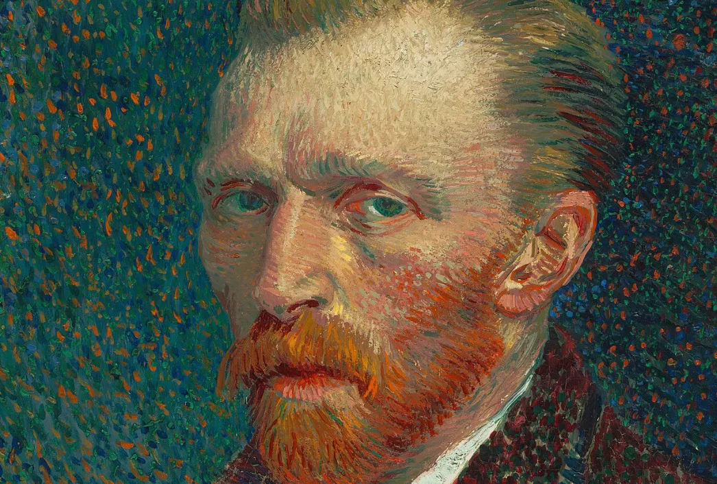 Self-portrait painting of artist Vincent van Gogh with a red beard and intense gaze against a textured blue background