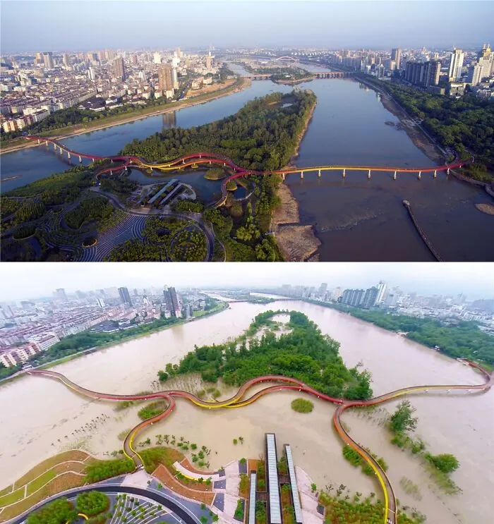 A curved red pedestrian bridge, showcasing innovative urban infrastructure over a river in China.