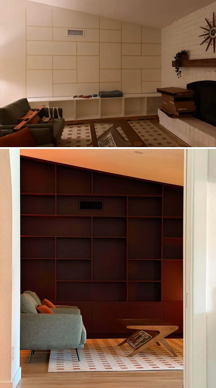Before and after of DIY home upgrades showing a custom built-in shelving unit painted deep brown