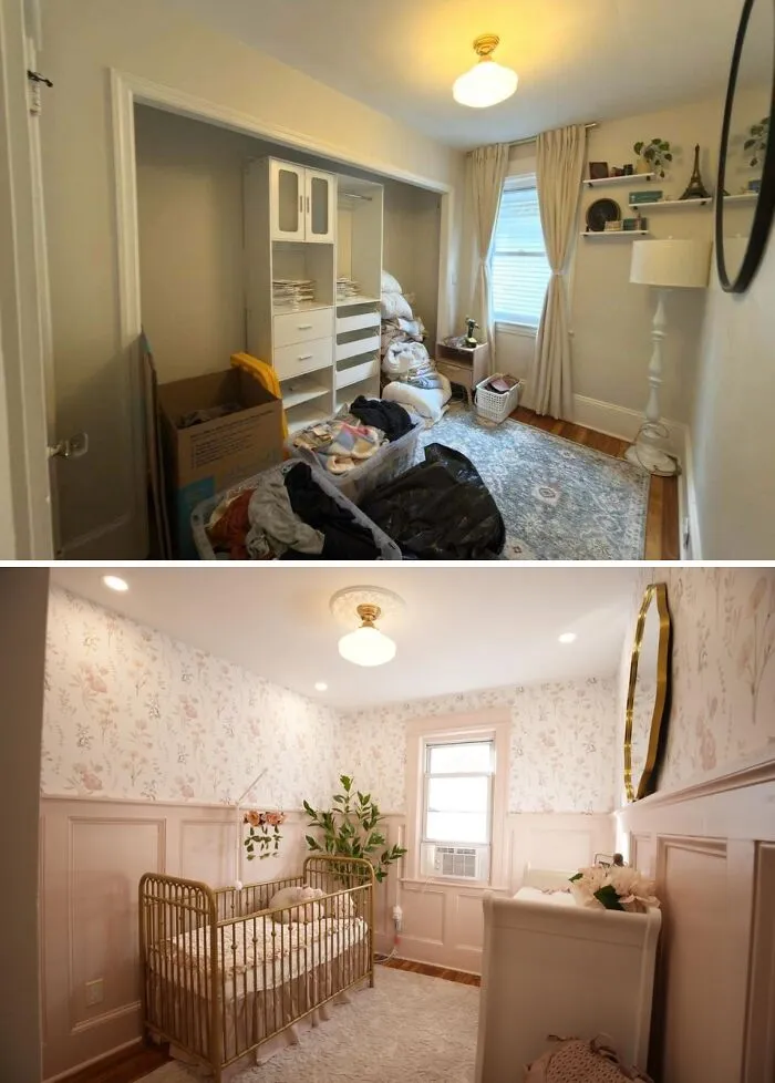 A messy storage room transformed into a beautiful baby nursery with pink floral wallpaper and gold crib DIY home upgrades