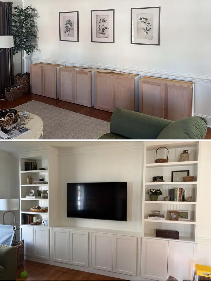 DIY home upgrades before and after of unfinished wooden cabinets turned into a sophisticated white media console unit