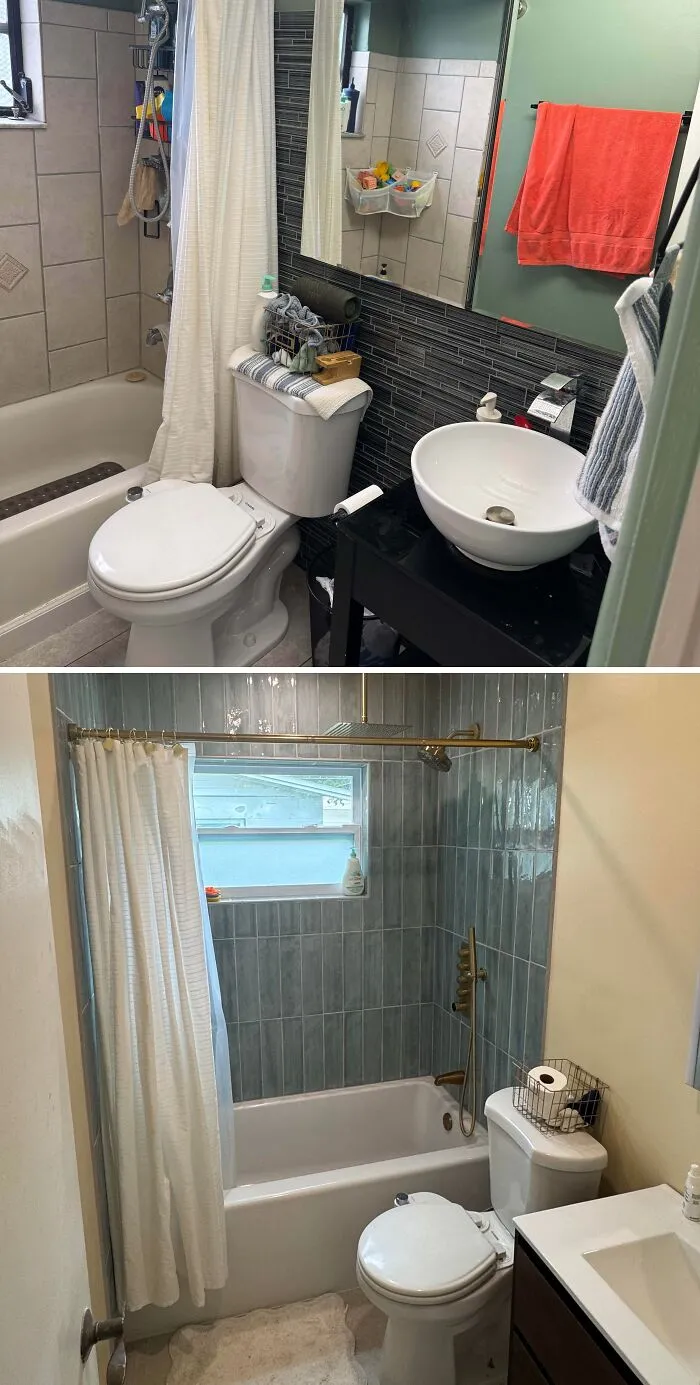 Before and after bathroom DIY home upgrades showing a dated space remodeled with elegant blue vertical tiles