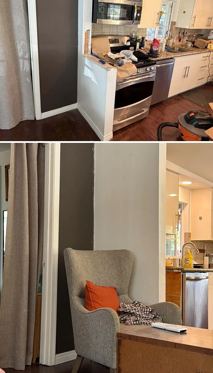 Before and after comparison of a kitchen wall removal, displaying open-concept DIY home upgrades.