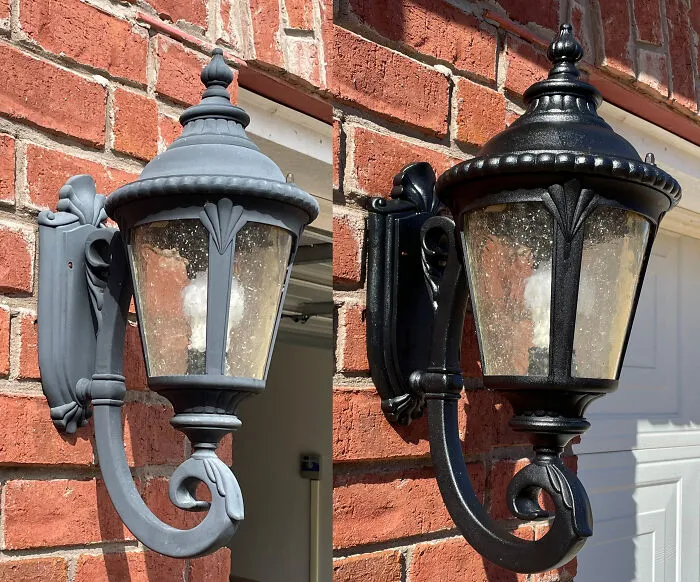 A side-by-side of an outdoor light fixture being spray-painted black for easy DIY home upgrades