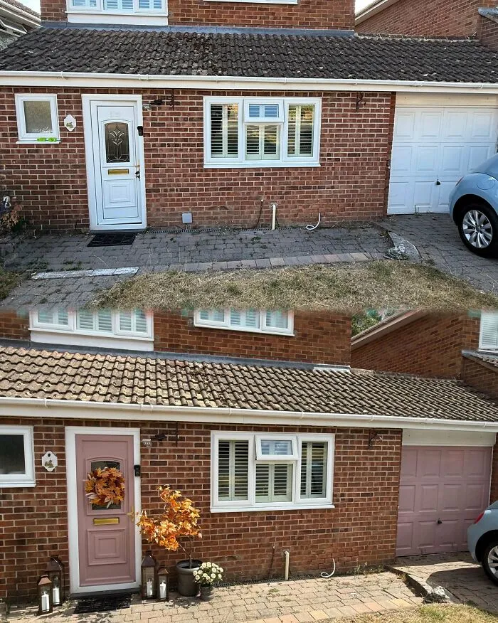 A brick house front before and after a DIY home upgrade with pink painted doors and matching garage
