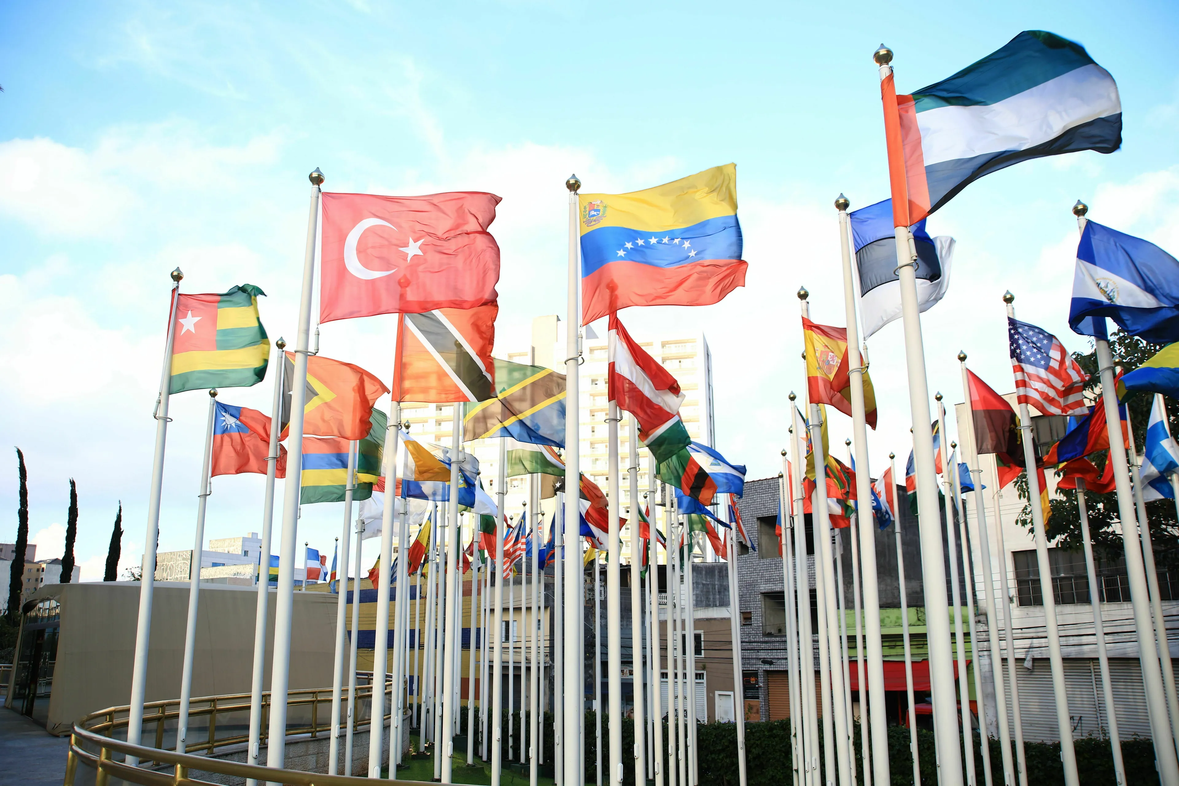 A vibrant display of various national flags waving on tall flagpoles against a clear blue sky