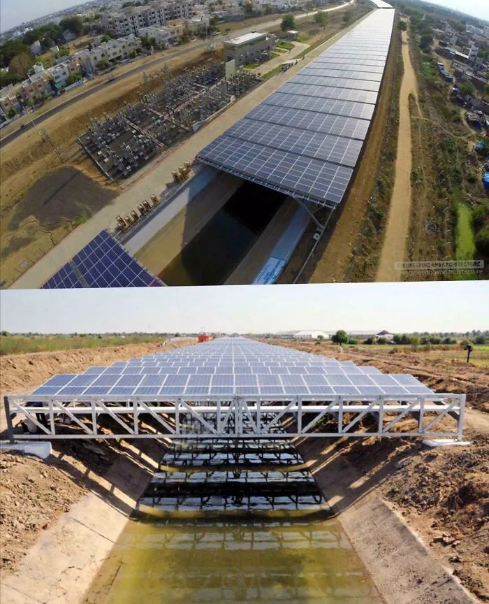 Innovative energy infrastructure featuring solar panels installed over a water canal to reduce evaporation
