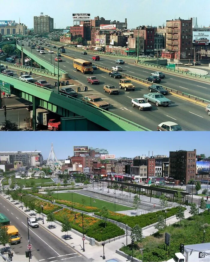 Before and after comparison of urban infrastructure transformed from a busy highway into a green city park