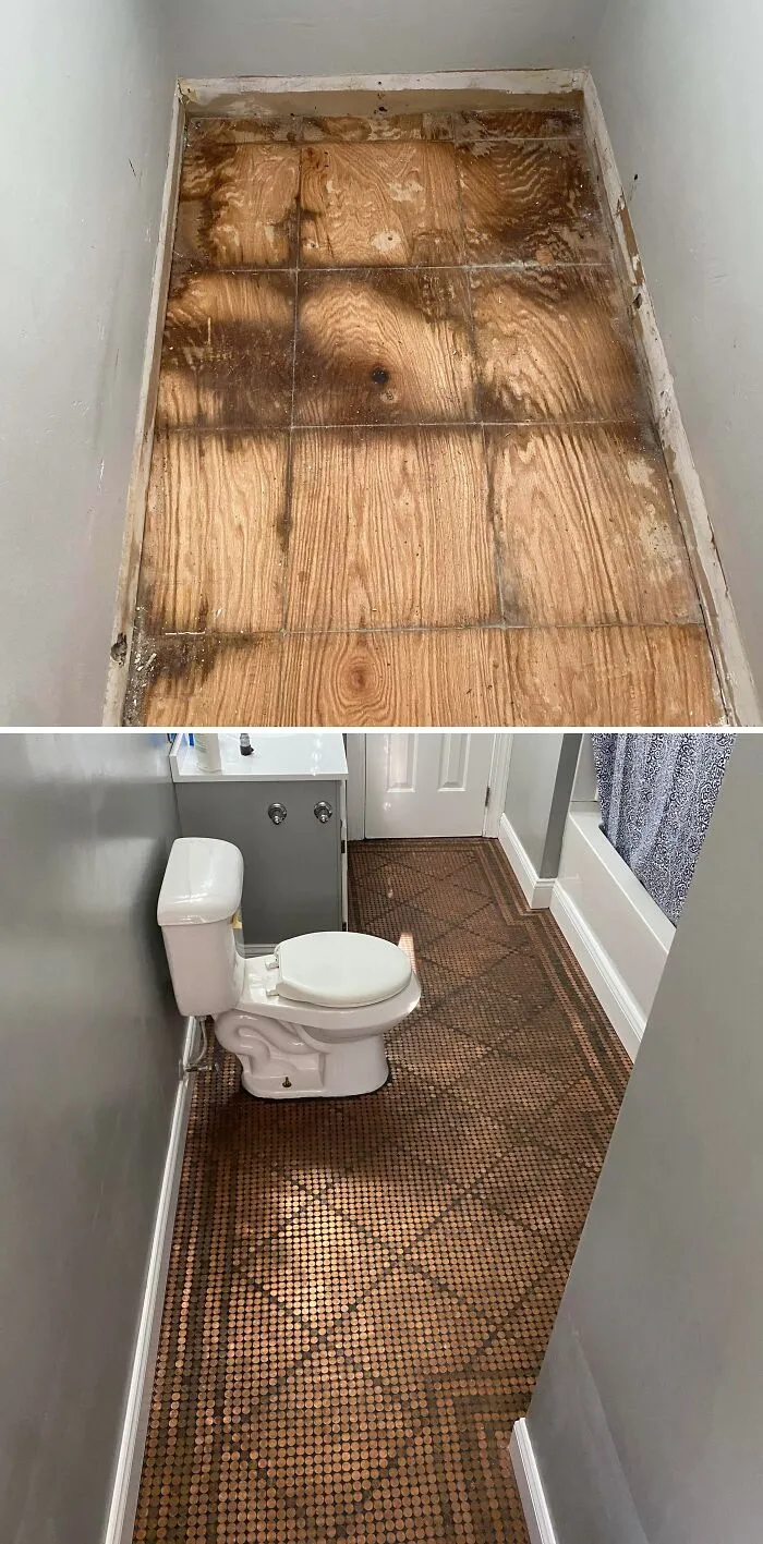 Before and after view of a bathroom DIY home upgrades project, featuring a new penny tile floor.