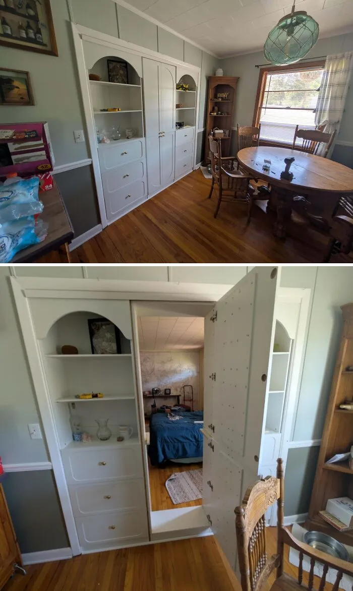 A hidden room behind a built-in bookcase, a clever and unique DIY home upgrade.