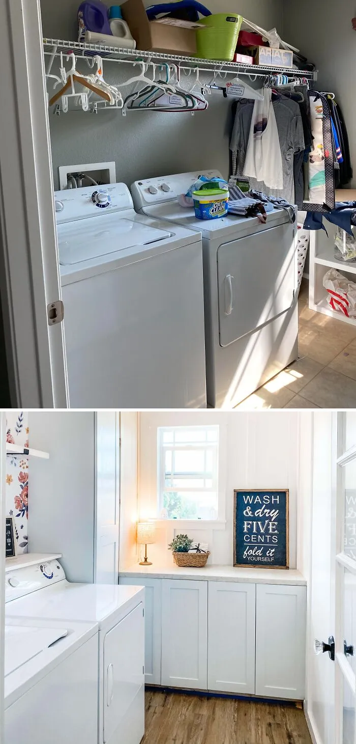 Before and after modern laundry room renovation with white cabinets, a fresh DIY home upgrade.