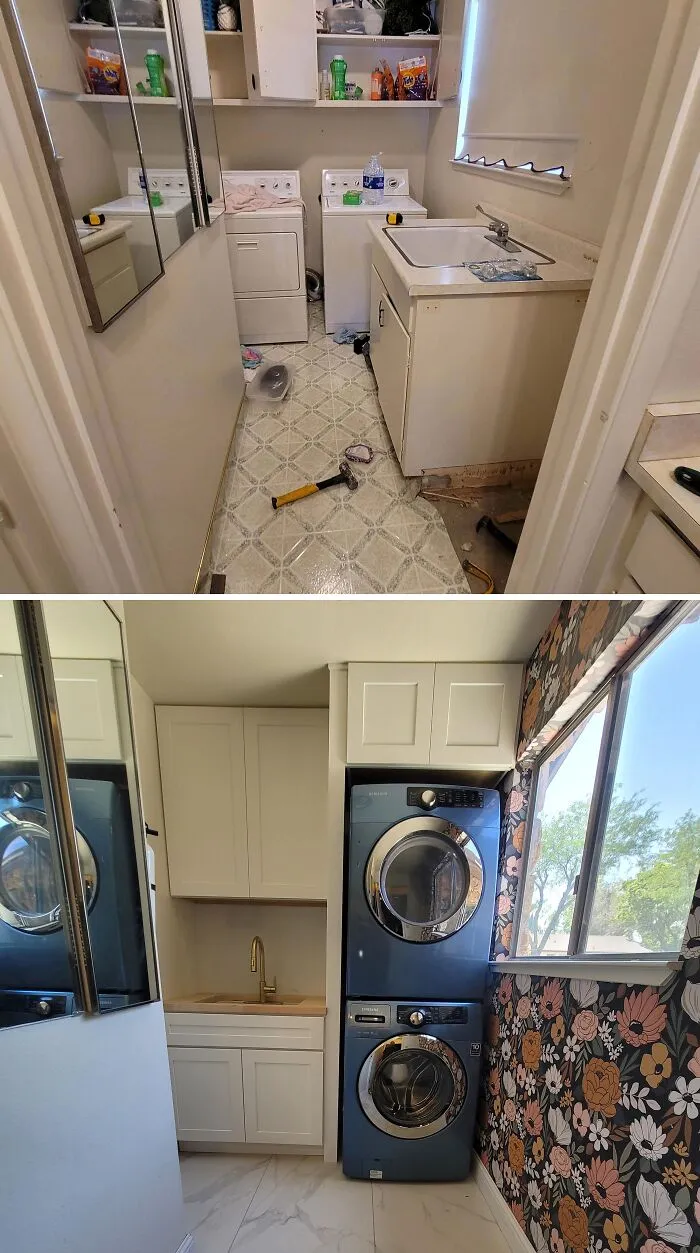 Before and after laundry room renovation with stylish wallpaper, a DIY home upgrade idea.