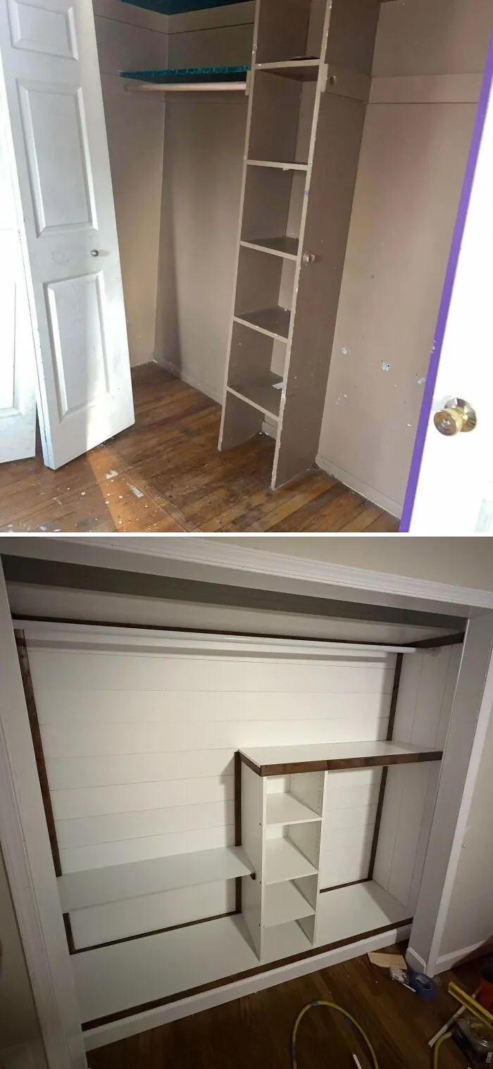 Closet shelving renovation before and after, showcasing DIY home upgrades