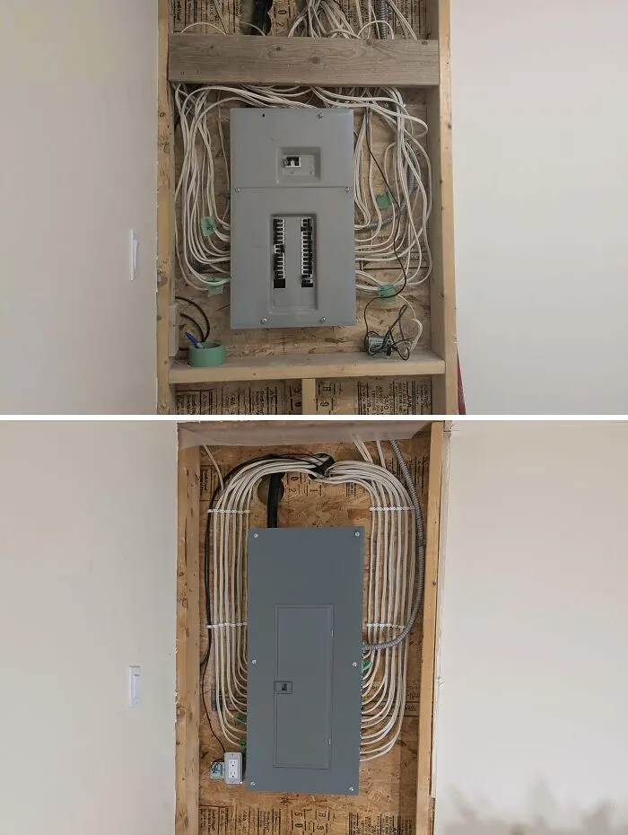 Before and after photos of an electrical panel organization project, demonstrating useful DIY home upgrades.