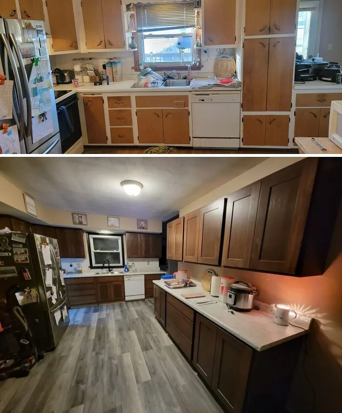 Before and after kitchen remodeling with dark wood cabinets and new flooring as part of DIY home upgrades.