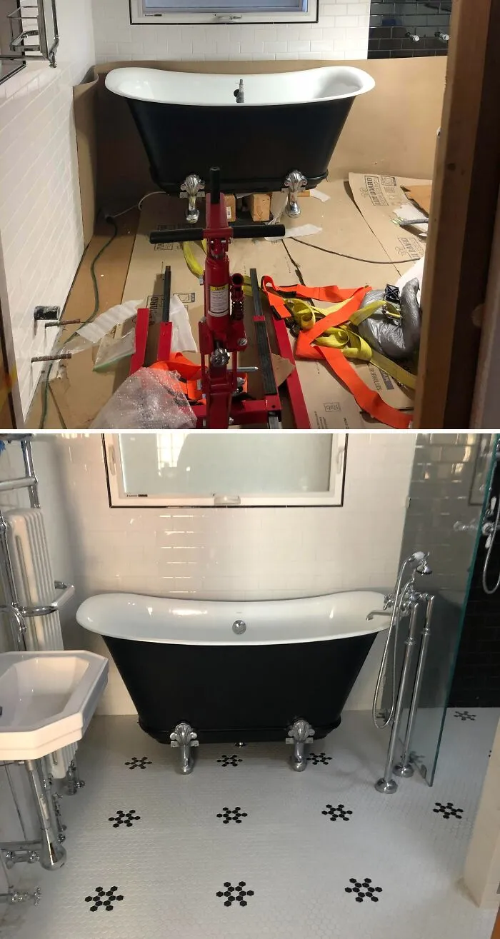 Before and after of a bathroom renovation featuring a vintage bathtub, great for DIY home upgrades