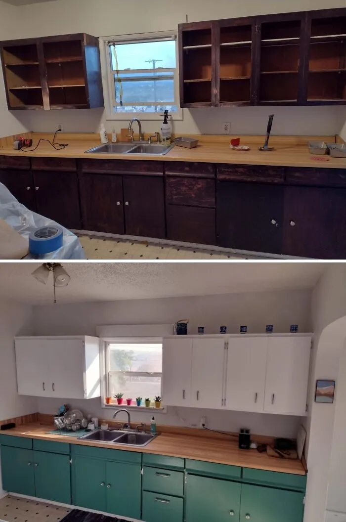 Before and after kitchen DIY Home Upgrades showing painted cabinets