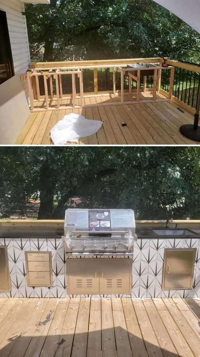 Before and after DIY Home Upgrades showing a custom outdoor kitchen build on a deck