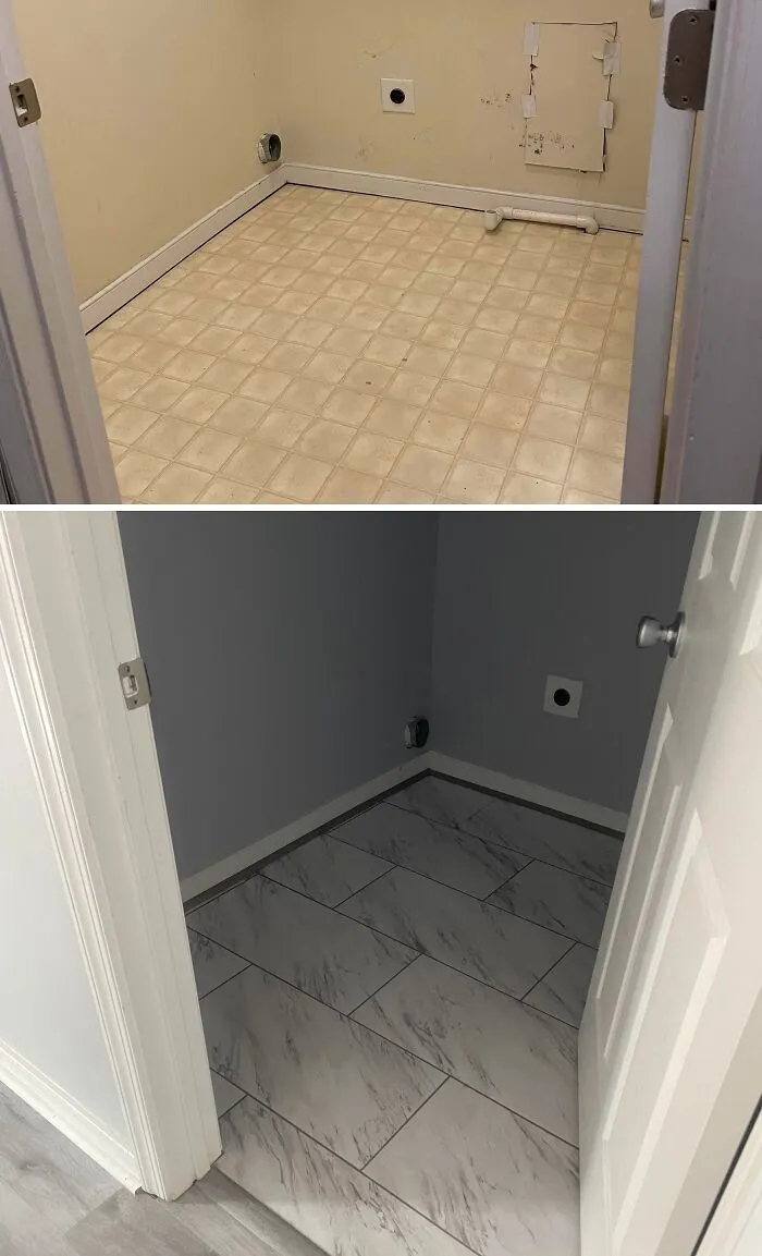 Before and after views of a small laundry room floor retiled with marble-style tiles, showcasing DIY home upgrades