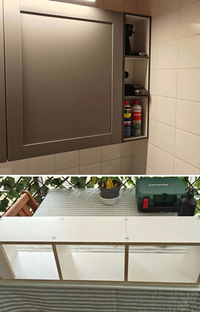 Two-panel split showing a grey bathroom medicine cabinet being installed as one of many DIY home upgrades