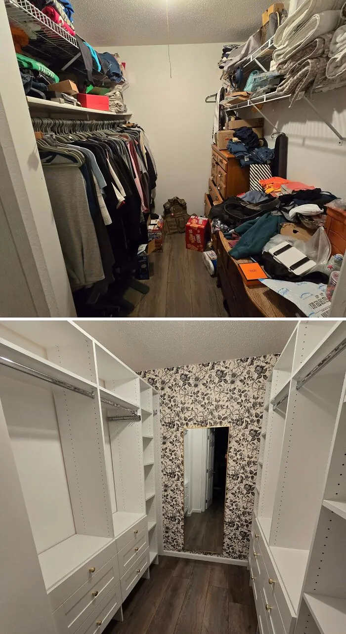 Closet transformation before and after, showcasing DIY home upgrades with floral wallpaper.