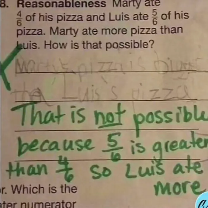 A math problem with a student's logical answer crossed out by a teacher's correction, depicting funny teachers